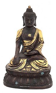 A Southeast Asian Parcel Gilt Bronze Figure of Buddha Height 6 1/4 inches.
