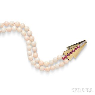 18kt Gold, Angelskin Coral, Ruby, and Diamond Necklace, Emis
