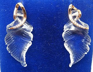 18K Gold Carved Genuine Natural Rock Crystal Quartz Earrings 