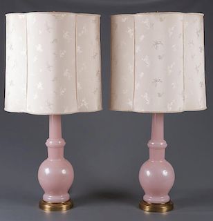 Warren Kessler Pink Opaline Glass Lamps Pair