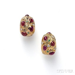 18kt Gold, Ruby, Emerald, and Diamond Earclips