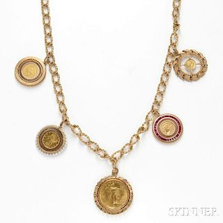 Gold Coin-mounted Charm Necklace