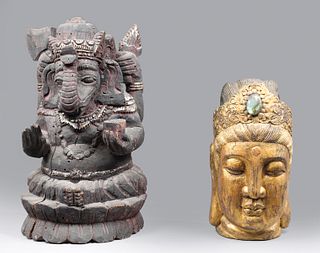 Group of Two Carved Ganesh and Gilt Kwan Yin Bust