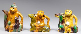 Group of Three Chinese Sancai Glaze Monkey Teapots