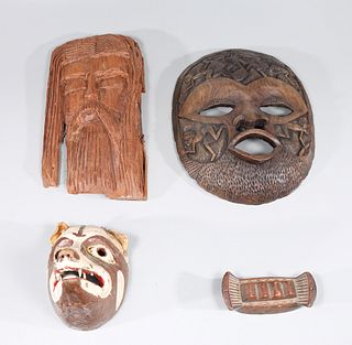 Group of Four Ethnographic Carvings, Masks, Instrument