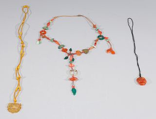 Group of Three Chinese Carved Necklaces, Agate, Tourmaline, Turquoise