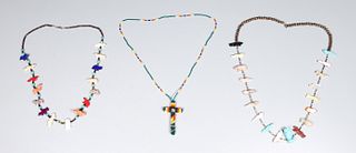 Group of Three Carved Zuni Fetish Necklaces and Navajo Beaded Cross