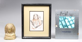 Group of Three Mix Decorative Arts Native American Portrait, Book End, Collage