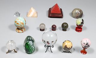 Group of Seventeen Crystal and Mineral Spheres and Pyramids