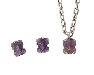 A set of William Spratling silver and amethyst frog jewelry