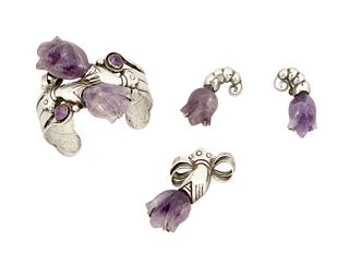 A mixed set of William Spratling silver and amethyst jewelry
