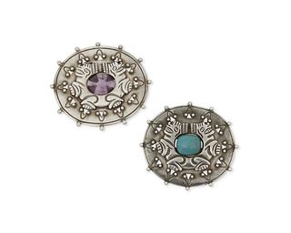 A pair of William Spratling silver and gem-set brooches