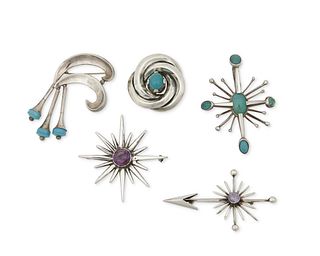 A group of Antonio Pineda silver and gemstone brooches