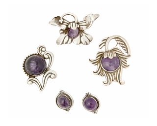 A group of Los Castillo silver and amethyst jewelry