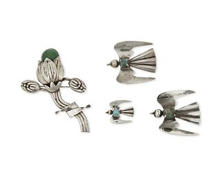 A group of Fred Davis silver and green hardstone brooches