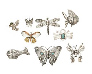 A group of figurative Mexican silver brooches
