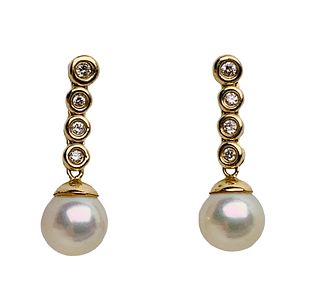 14K diamond and pearl drops earrings
