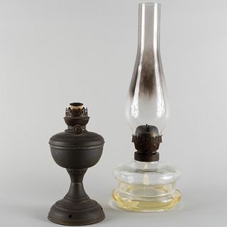 Glass Hurricane Lamp and Shade and a Metal Glass Hurricane Lamp