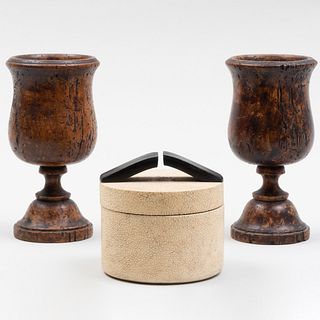 Pair of Turned Wood Goblets and a Shagreen Circular Box and Cover