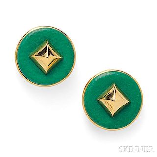 Vermeil and Green Leather Earclips, Hermes