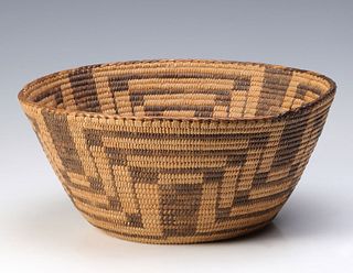 A PIMA COILED BASKET WITH STEPPED GEOMETRIC DESIGN