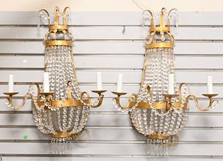 Pair of Four Light Brass and Crystal Wall Sconces