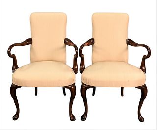 Pair of George I Style Upholstered Mahogany Armchairs
