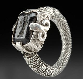 4th C. Sassanian Silver Ring w/ Hematite Intaglio
