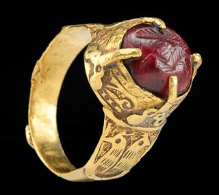 Superb 11th C. Persian 20K+ Gold Ring Garnet Intaglio