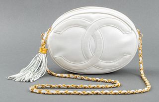 Chanel White Leather Oval Cross Body Handbag