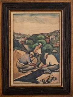 Pollak Signed 'Laborers' Watercolor on Paper