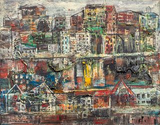 Norman Carton 'Abstract Cityscape' Oil on Canvas