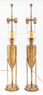Hollywood Regency Brass Table Lamps, Pair