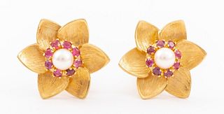 14K Yellow Gold Ruby & Pearl Flower Ear Clips
