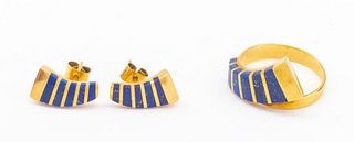 18K Yellow Gold & Inlaid Lapis Ring & Earrings