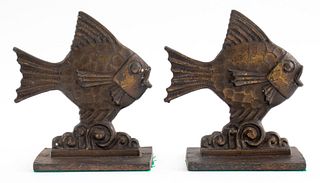 Art Deco Fish Patinated Bronze Book End, Pair