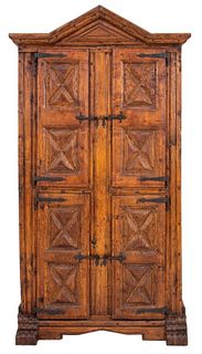 Spanish Gothic Revival Four Door Oak Tall Cabinet