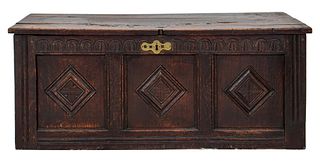 French Brittany Carved Oak Trunk Chest, 18th C.