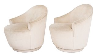 Milo Baughman Style Upholstered Swivel Chairs, 2