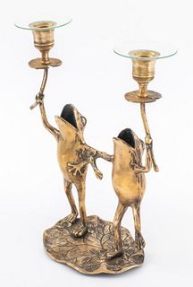 Whimsical Gilt Brass Dancing Frogs Candelabra