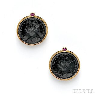 18kt Gold and Blackened Silver Coin Earclips, Mings