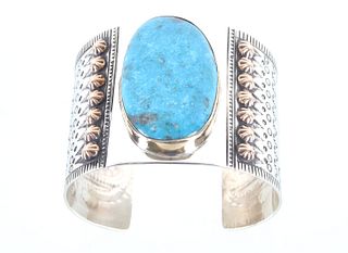 Alpaca Silver and Turquoise Cabochon Cuff Bracelet