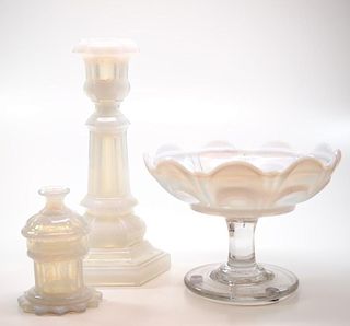 Pressed opalescent table articles, three