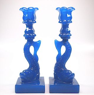 Pressed Dolphin single-step candlesticks, pair