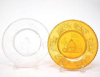 Lacy glass Log Cabin cup plates, two