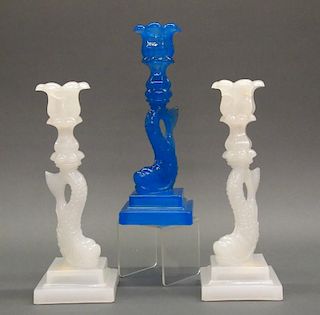 Pressed Dolphin double-step candlesticks, three
