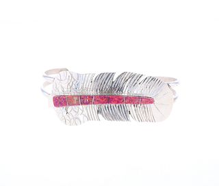Navajo Opal Sterling Feather Bracelet Signed AN