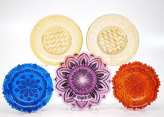 Lacy glass & pressed dishes, five