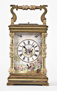 A late 19th century French carriage clock with polychrome enamel dial