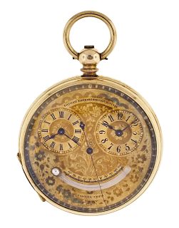 A gold two time zone patent thermometer pocket watch